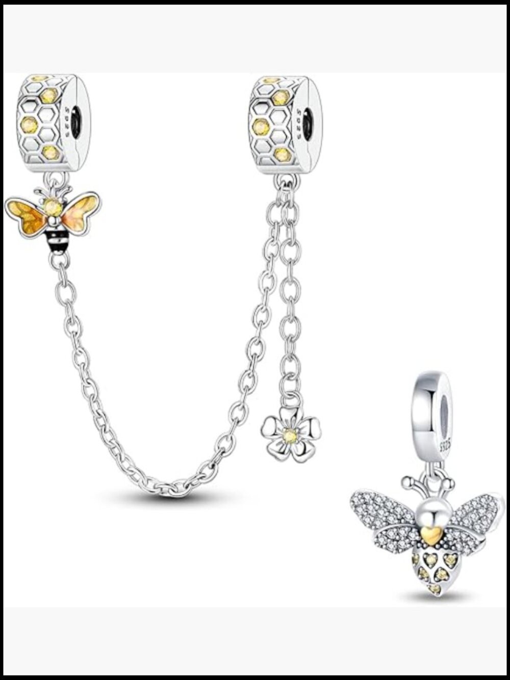 925 Sterling Silver Safety Chain Charm Set for Bracelets, Spacer Clip, Pendant